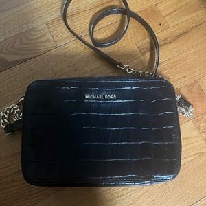 Black Croc-Embossed Ginny Leather Crossbody Bag